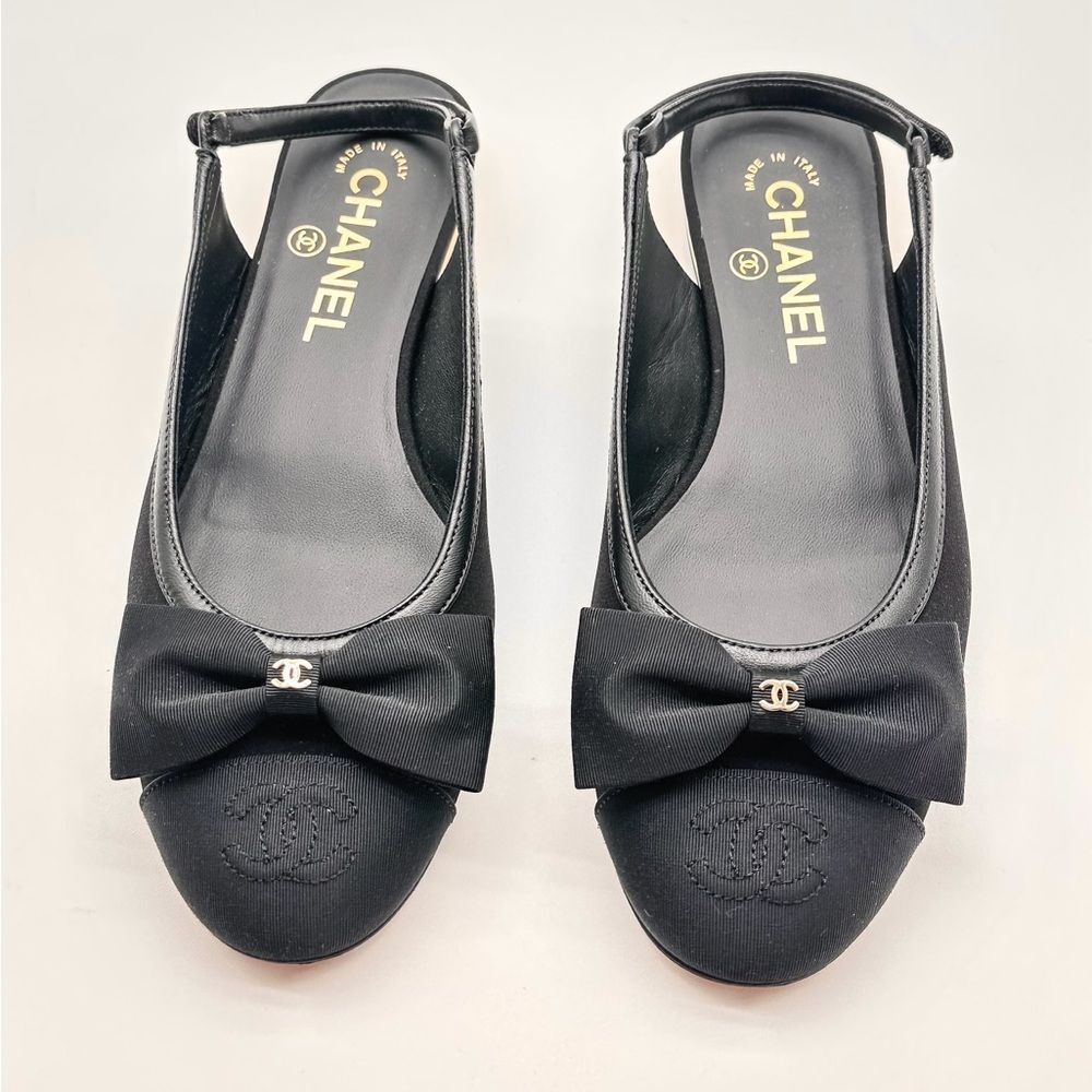 Chanel 2024 CC Logo Black Bow Grosgrain Slingback Ballerina Flats EU 37 - Picture 2 of 15